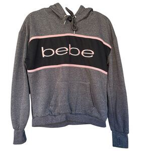 Bebe Womens Hoodie Sweater Large Gray Black Pink Embroidered Logo Y2K Casual